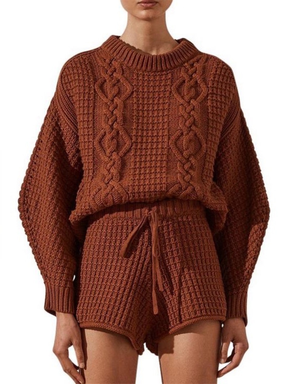 Shona Joy Rust Cable & Waffle Knit Crew Sweater and Shorts / Set